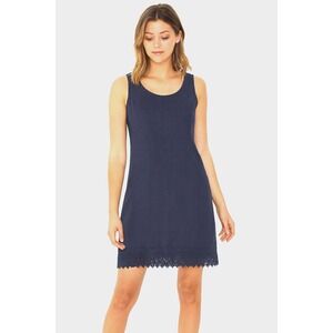 Lungo L'Arno Linen Midi Blue Dress Large Lace Trim‎ Lagenlook Boho Modern Artsy